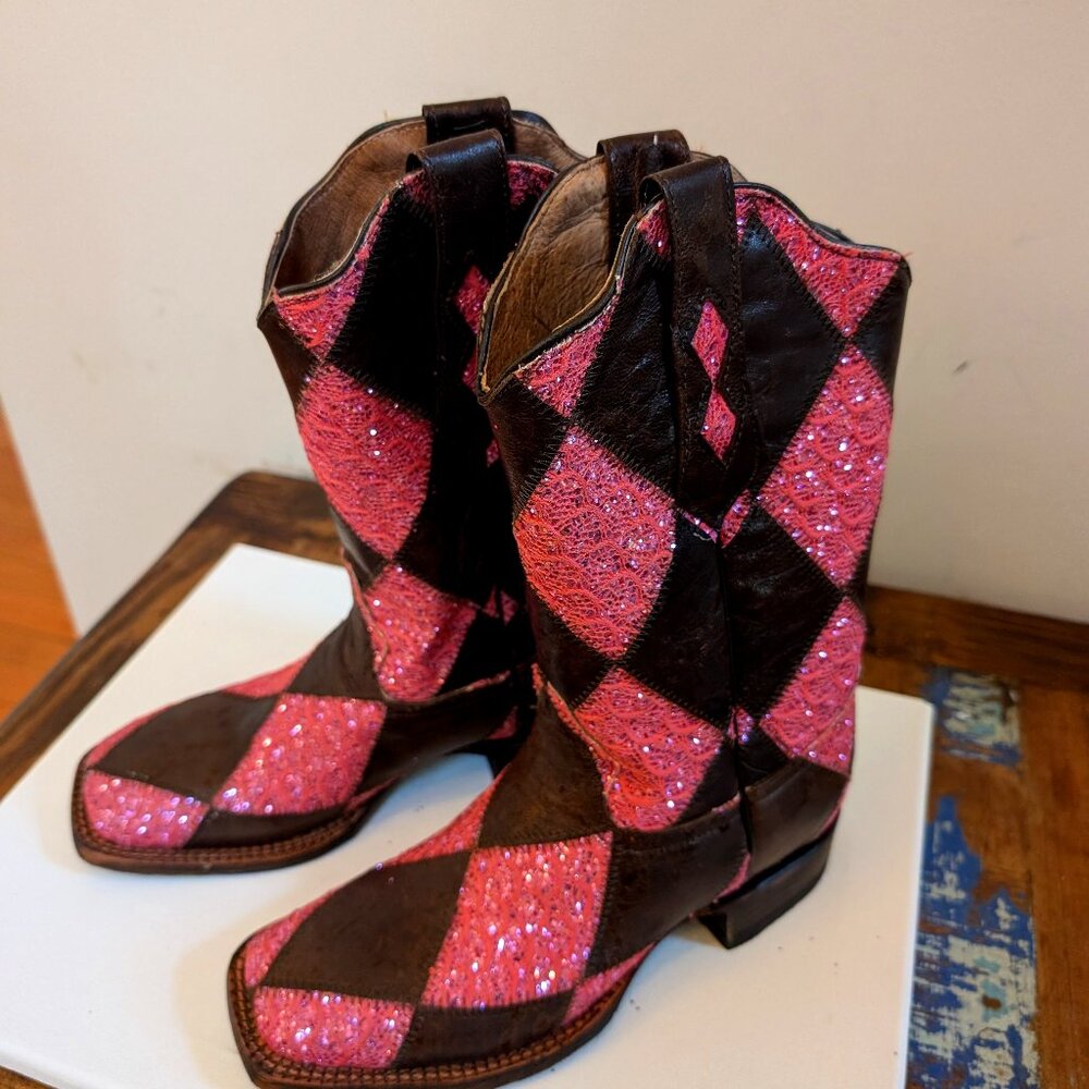 Tanner Mark Pink and Brown Glitter Cowboy Boots